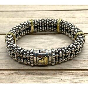 Lagos Caviar Sterling Silver 925 18K 750 Diamond Bracelet 14.4mm Wide